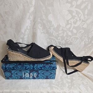 Impo Mai Tai Lace Up Black Espadrille Wedge Shoes with Woven Sole